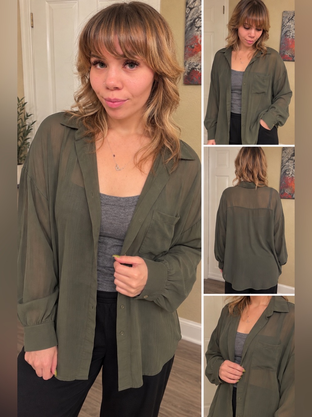 SHEIN Olive Green Sheer Button-Down Shirt for Women